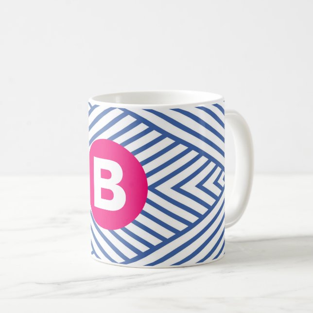 Caneca De Café Abstract Blue Stripey Pattern Pink Monogram (Frente Esquerda)