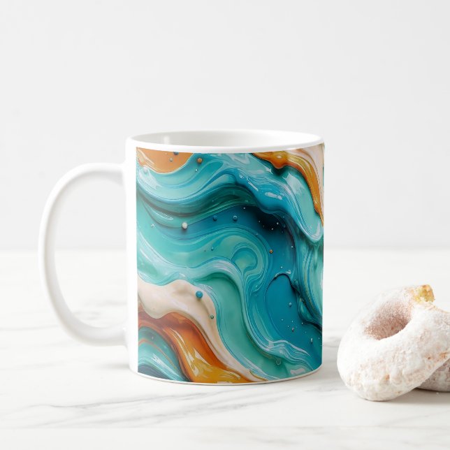 Caneca De Café Abstract Swirling Teal and Orange Glossy Fluid  (Com Donut)