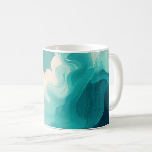 Caneca De Café Abstract Teal and White Flowing Waves (Frente Esquerda)