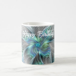 Caneca De Café Abstrato Azul Borboleta Verde Fantasia Arte Fracta