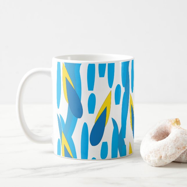 Caneca De Café Abstrato de Folhas Amarelas Azuis (Com Donut)