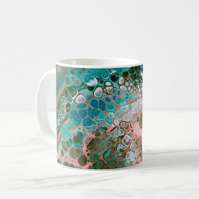 Caneca De Café Abstrato de Pêssego e Turquesa Acrílica (Frente Esquerda)