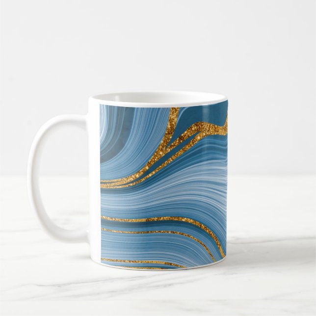Caneca De Café Abstrato Elegante de Mármore Dourado Azul (Esquerda)
