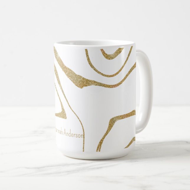 Caneca De Café Abstrato líquido moderno espiral branco Dourado (Frente Esquerda)