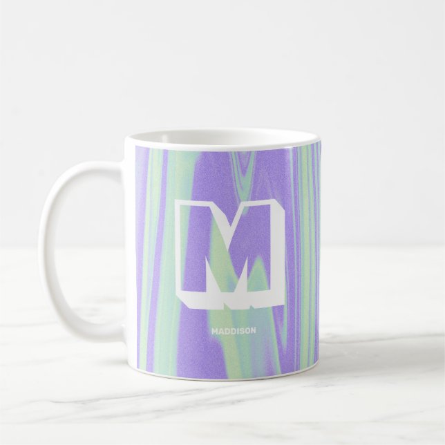 Caneca De Café Abstrato Monograma Nome Marble Purple Green (Esquerda)