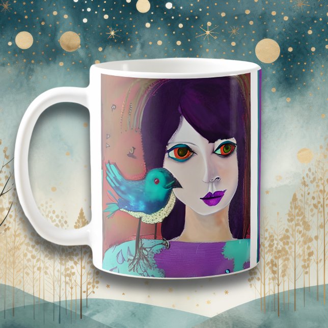 Caneca De Café Abstrato Rapariga e Púrpura e Teal Personalizados (Criador carregado)