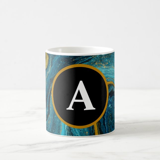 Caneca De Café Abstrato Teal Dourado Forma Aquarela Monograma Tex (Centro)