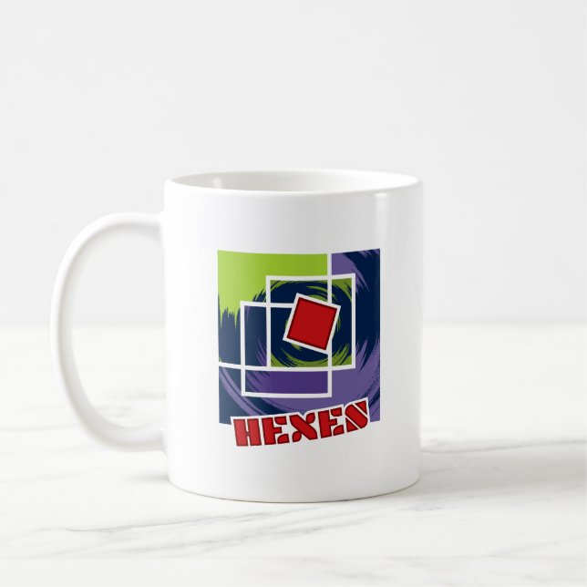 Caneca De Café Abstrato verde e roxo rebelde quadrados com hexos (Esquerda)