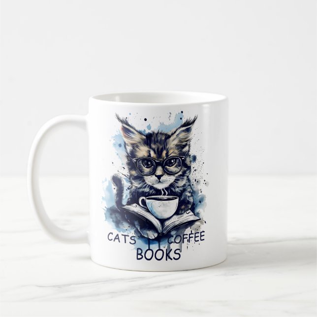 Caneca De Café Abstrato Watercolor Cats Café Livros (Esquerda)