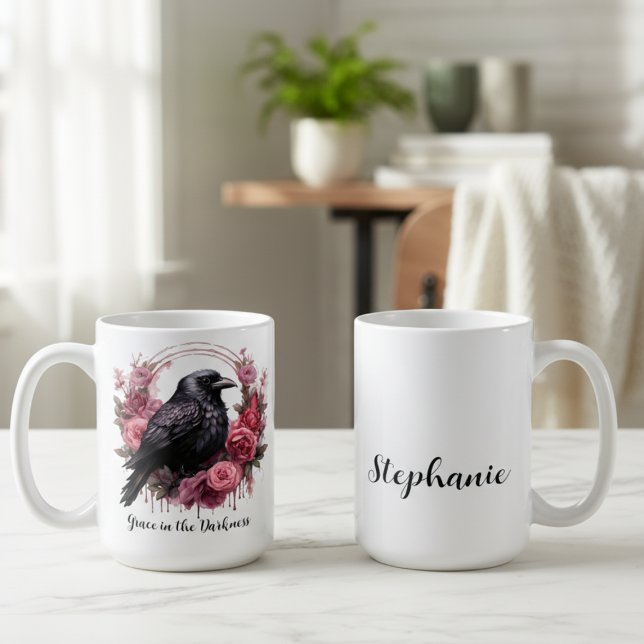 Caneca De Café Academia Sombria Corvo Gótico (Floral black raven personalized coffee mug)