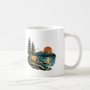 Caneca De Café Acampamento Tenda à Beira do Lago e Pines ao Pôr d