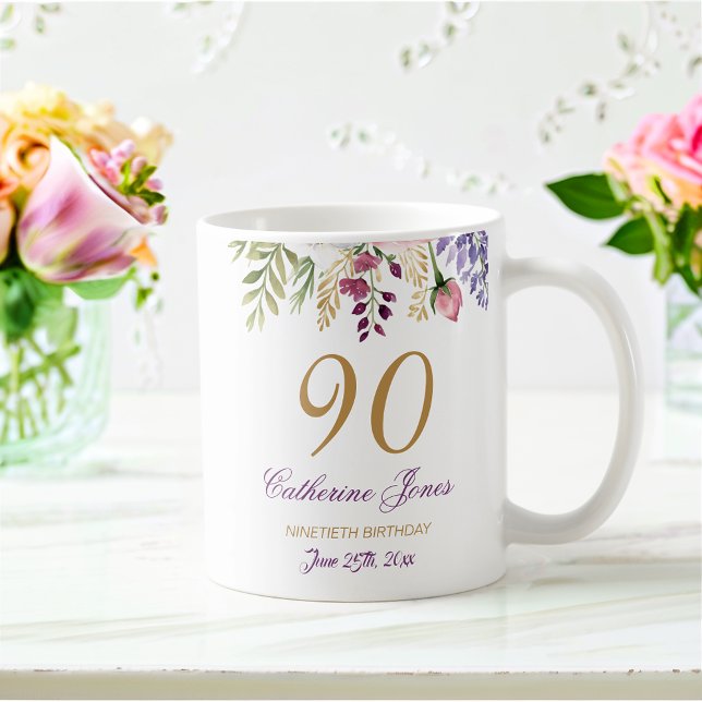 Caneca De Café Acentos Dourados do Buquê Floral de 90 Birthday (Criador carregado)