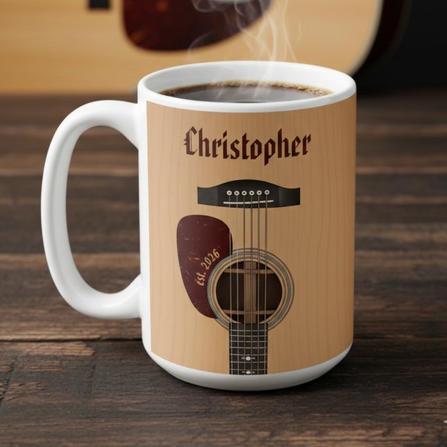 Caneca De Café Acoustic Guitar Musician Guitarist Brown Name  (Criador carregado)