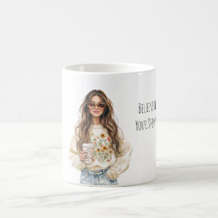 Caneca De Café Acredite em Sonhos Menina Cabelo Castanho Copo