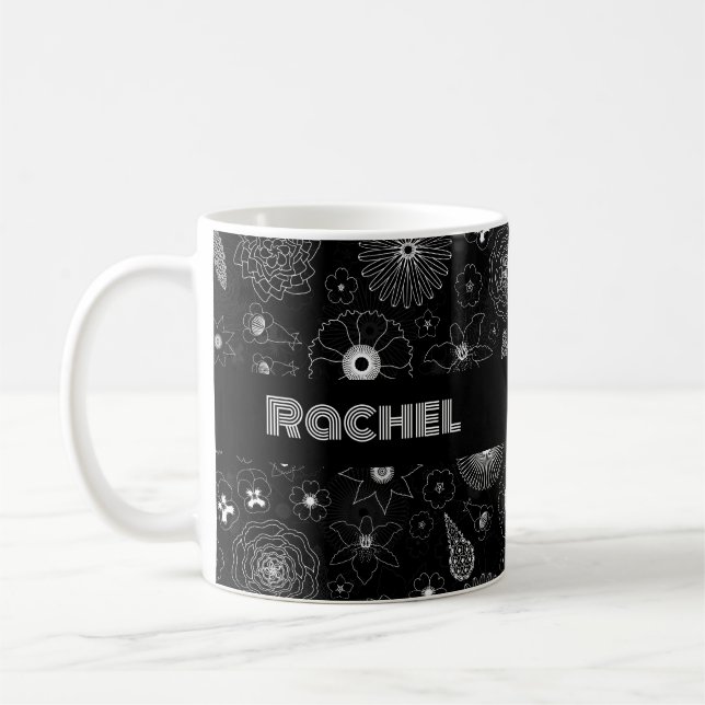 Caneca De Café Add Your Name Floral Outline Black & White Pattern (Esquerda)