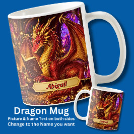 Caneca De Café Adicionar Nome, Dragão Fantástico com Livro & Café