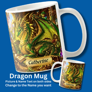 Caneca De Café Adicionar Nome Dragão Verde Dourado com Livro & Ca