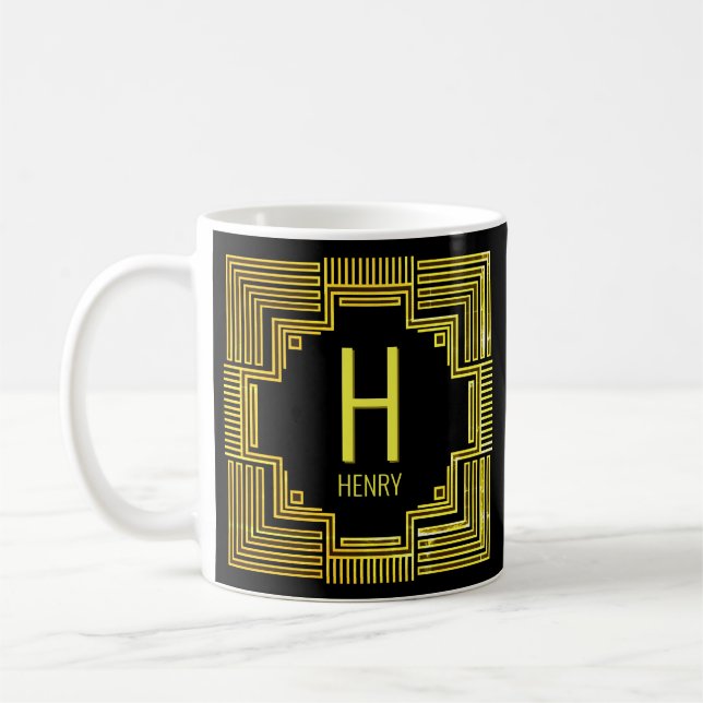Caneca De Café Adicionar Nome Inicial Linha Geométrica Dourada F  (Esquerda)