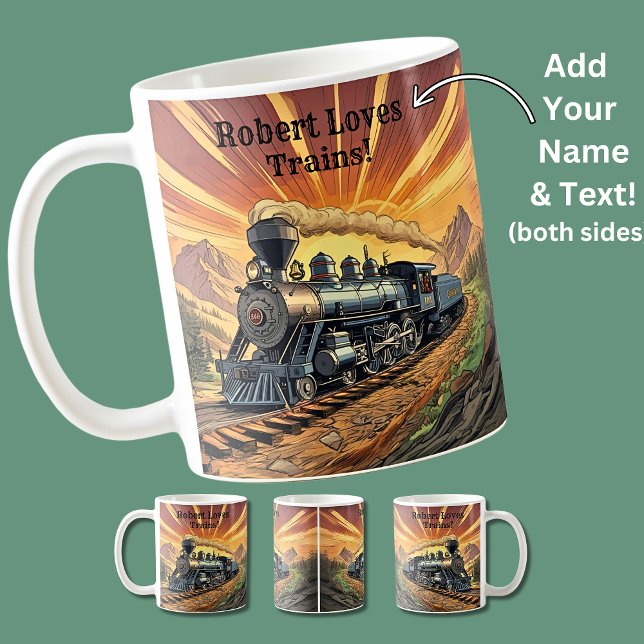 Caneca De Café Adicionar Texto De Nome, Comboio A Vapor No Sunset (Criador carregado)