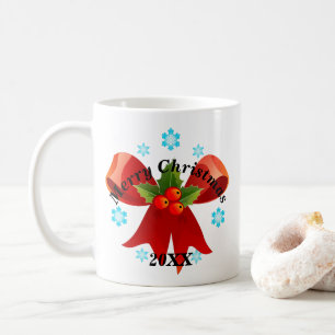 Caneca De Café Adicione sua data Feliz Fita Vermelha Natal