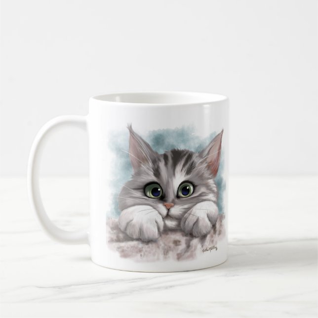 Caneca De Café Adorable Grey Tabby Kitten Cartoon (Esquerda)