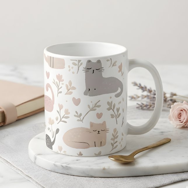 Caneca De Café Adorable Pastel Cat & Floral Pattern Coffee (Criador carregado)