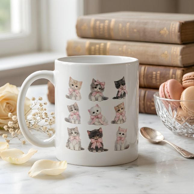 Caneca De Café Adorable Pink Bow Kittens Cute Cat Lover's Coffee  (Criador carregado)