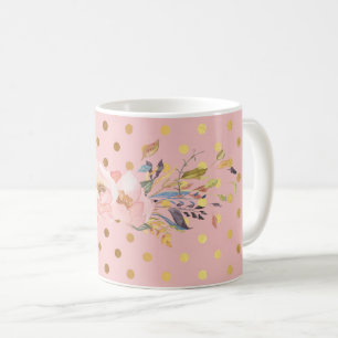 Caneca De Café Adorável Flores de Pontos Polka Dourados Falsos