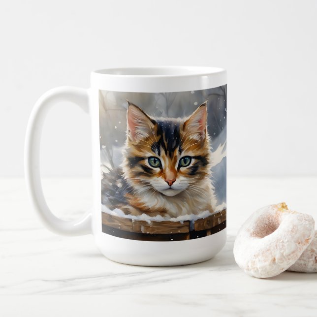 Caneca De Café Adorável gato calico na neve (Com Donut)