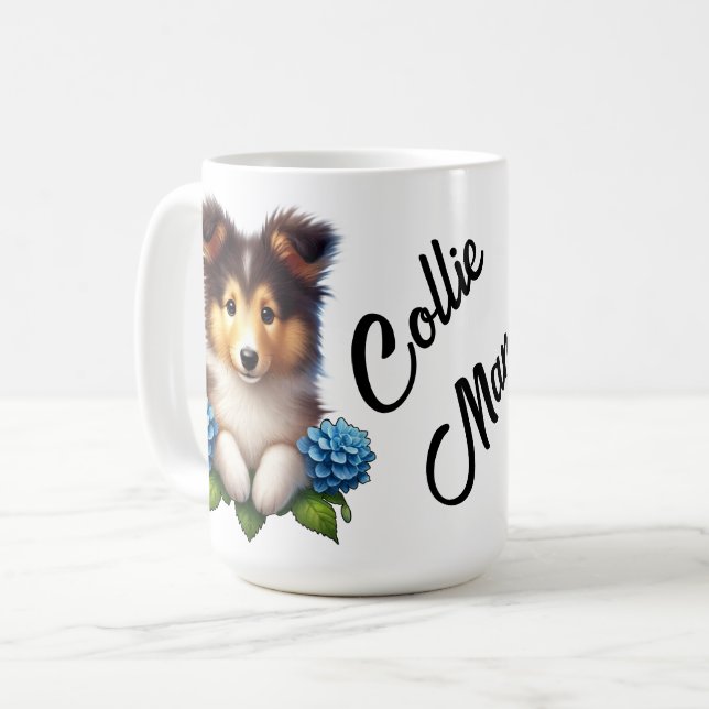 Caneca De Café Adorável Puppy com Flores Azuis Collie Mama (Frente Esquerda)