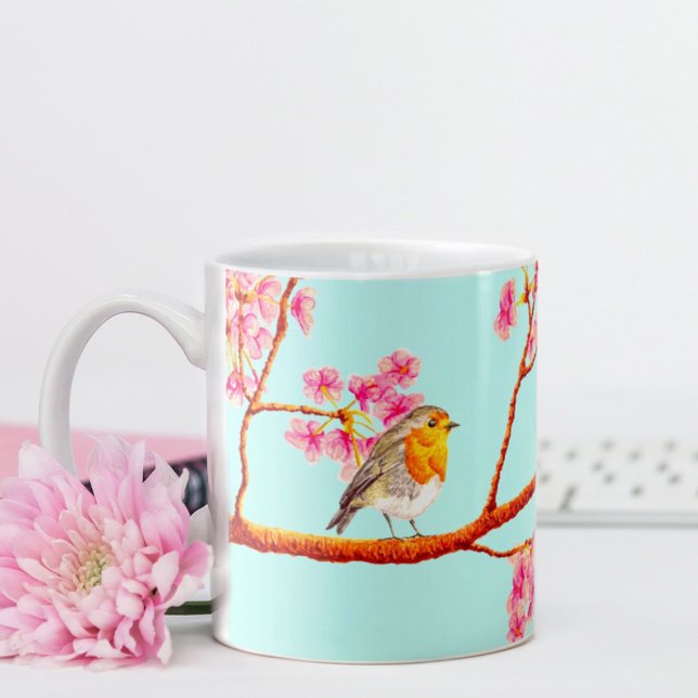 Caneca De Café Adorável Red Robin Primavera floral Blossoms (Criador carregado)