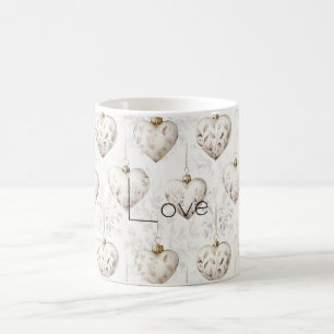 Caneca De Café Adornos Corações Cinza Creme Chic
