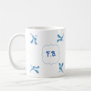 Caneca De Café Adornos de Folha de Azulejo Azul Minimalista Cláss