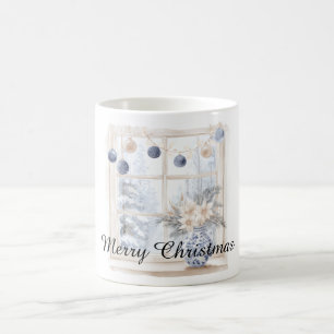 Caneca De Café Adornos de Natal Flores Árvore Janela Azul Creme