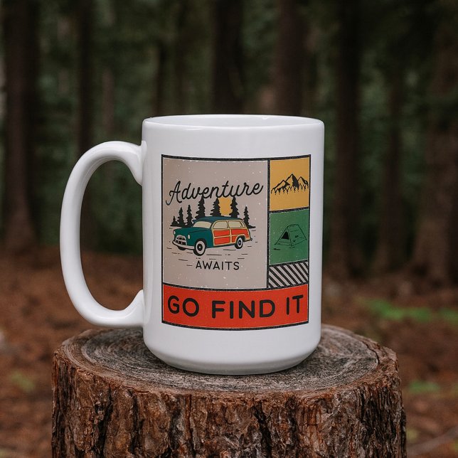 Caneca De Café Adventure Aguarde Ir Encontrá-Lo, Retro Camping Vi (Criador carregado)