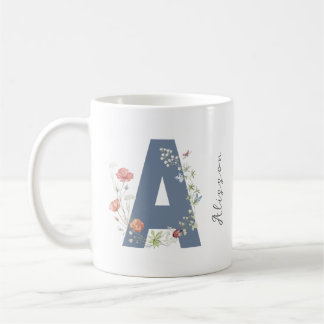 Caneca De Café Aestética Watercolor Floral - Letra A Monograma