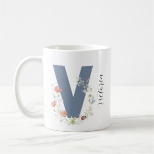 Caneca De Café Aestética Watercolor Floral - Letra V Monograma