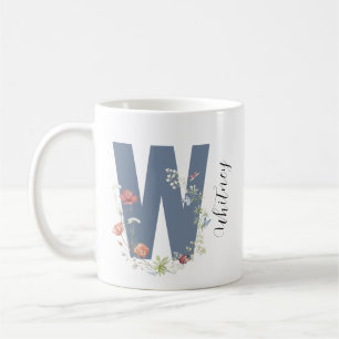 Caneca De Café Aestética Watercolor Floral - Letra W Monograma