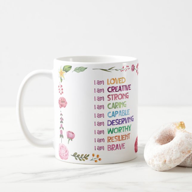 Caneca De Café Afirmação Positiva Estilo Flor  (Com Donut)