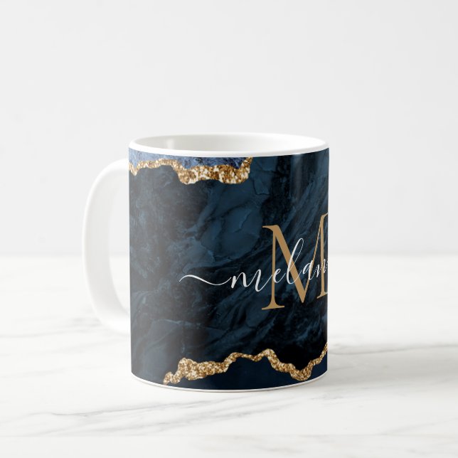 Caneca De Café Agate Marinho Blue Dourado Marble Mug presente seu (Frente Esquerda)