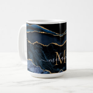 Caneca De Café Agate Marinho Blue Gemstone Marble Monograma Nome