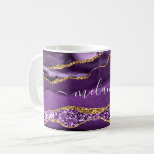 Caneca De Café Agate Purple Dourado Glitter Nome Personalizado Co