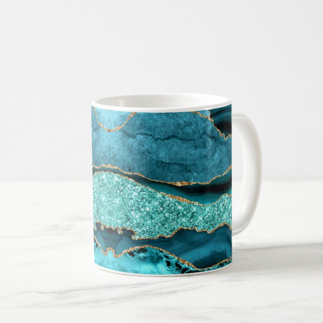 Caneca De Café Agate Teal Blue Glitter Marble Aqua Turquoise (Frente Esquerda)