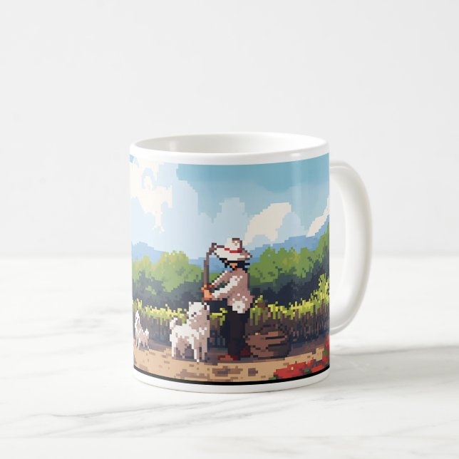 Caneca De Café Agricultor, Cão E Fazenda Em Pixel (Frente Esquerda)