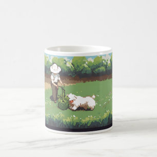 Caneca De Café Agricultor E Cão Na Arte Em Pixel