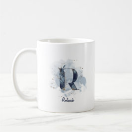 Caneca De Café Água Azul Personalizada Nome Letra Inicial R