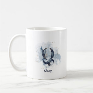 Caneca De Café Água-forte Azul Nome Personalizado Letra Inicial Q