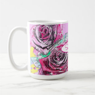 Caneca De Café Água-Forte Flor de Rosa Vermelha Colorida Arte em 