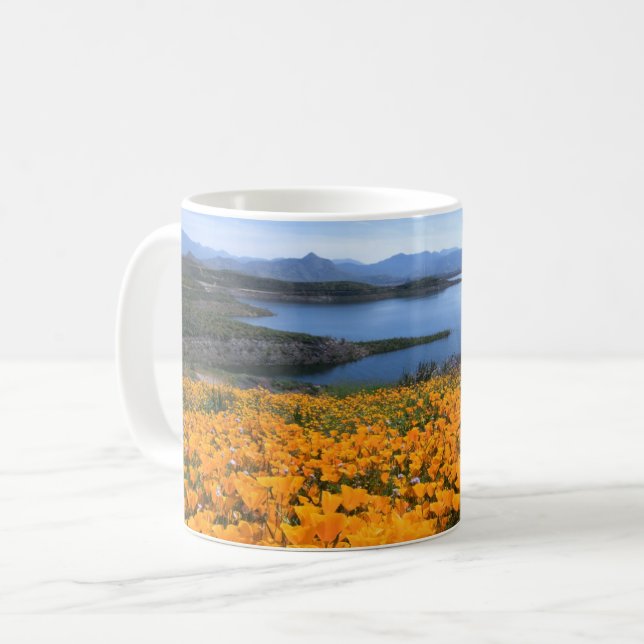 Caneca De Café Água | Lago California Com Poppies Ouros (Frente Esquerda)