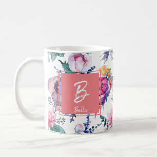 Caneca De Café Água Pintada Flores Pintadas Monograma Mug